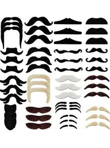 60 件/套 - 17 种款式万圣节自粘式新奇假胡子、万圣节角色扮演装饰性假胡子贴纸、法国海盗侦探胡子、墨西哥狂欢节圣诞派对用品、化妆舞会配件，款式随机搭配 - 黑色 - 查看 1