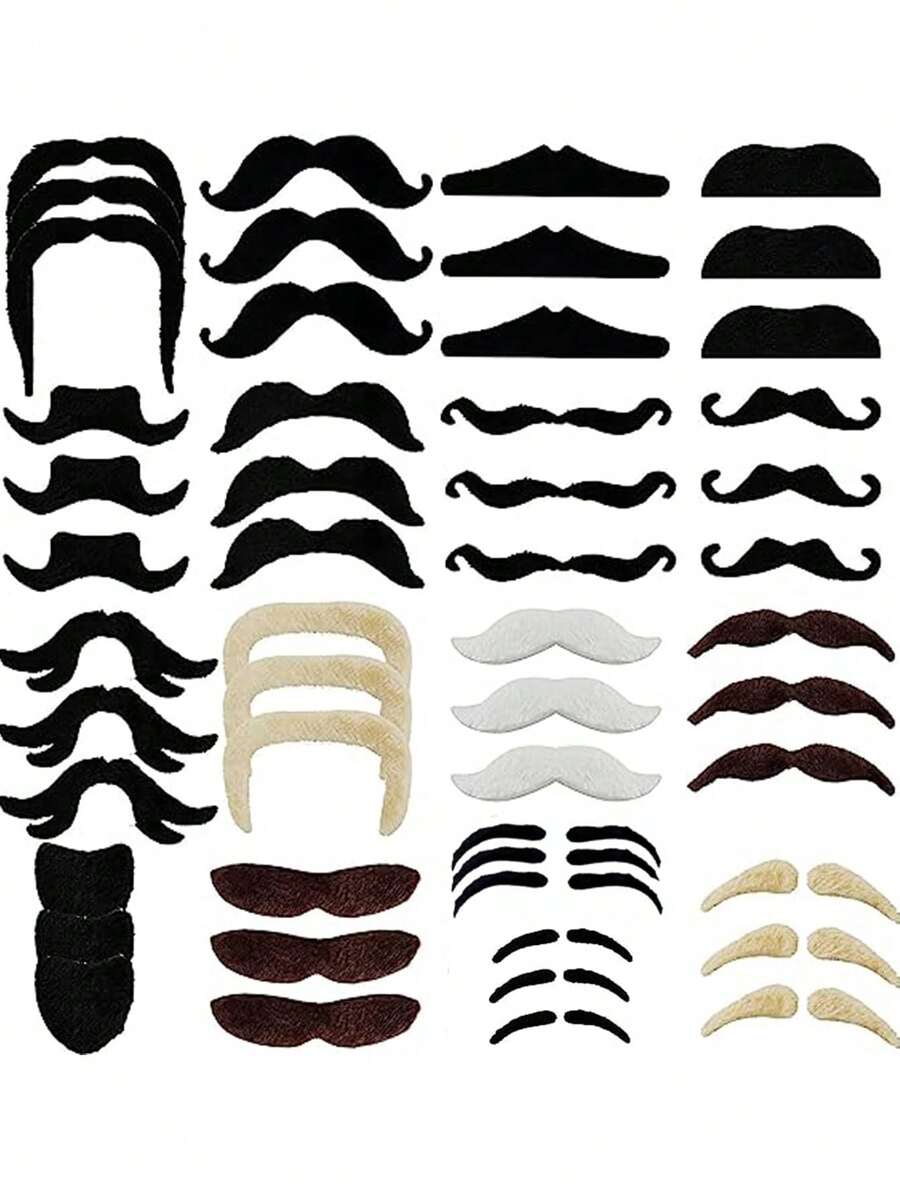 60 件/套 - 17 种款式万圣节自粘式新奇假胡子、万圣节角色扮演装饰性假胡子贴纸、法国海盗侦探胡子、墨西哥狂欢节圣诞派对用品、化妆舞会配件，款式随机搭配 - 黑色 - 查看 1