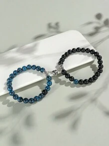 2pcs Classic Heart Magnetic Clasp Bracelet Set, Turquoise Represents Luck & Success, Crystal Energy Stone Bracelet, Friendship/Couple Valentine's Gift, Daily Accessory, 8mm Beads Crystal Bracelet Set - Multicolor - View 18