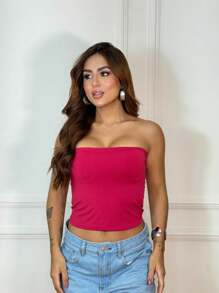Women's Basic Cropped Tube Top Strapless Long Double Tube Top Without Pads - 粉色 - 查看 3