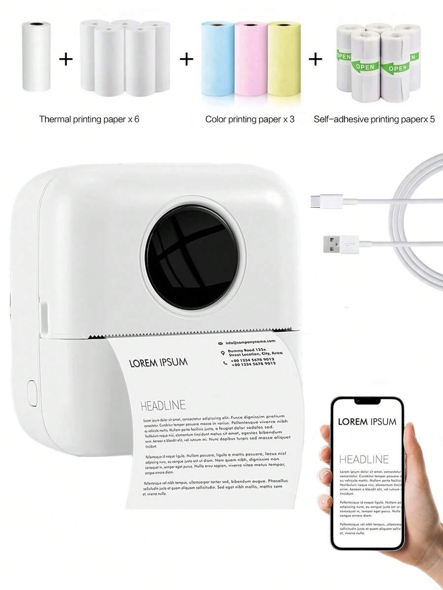 STONEGO Portable Mini Printer Home Small Printer Can Be Connected To The Phone Bluetooth Smart Inkless Printer Label Printer (Contains: 6 Rolls Of Thermal Paper + 5 Rolls Of Self-Adhesive + 3 Rolls Of Color Printing Paper) - White (6 Rolls Of Thermal Paper + 5 Rolls Of Sticker Paper + 3 Rolls Of Colored Paper) - View 1