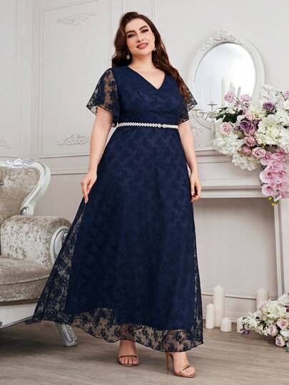 时尚高腰 V 领蕾丝连衣裙，加大码，伴娘正式婚礼派对礼服