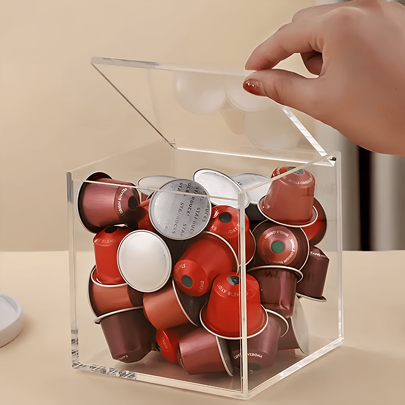 1 pieza Soporte acrílico para cápsulas de café con tapa, estante para cápsulas, contenedor de almacenamiento para café/té/caramelos, organizador transparente reutilizable a prueba de polvo, ideal para el regreso a clases