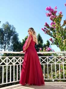 Long Sleeve Prom Bridesmaid Dress Without Shine Up To Plus Size - Redwood - View 2