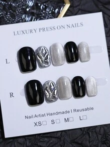 Uñas postizas 100% hechas a mano, 10 piezas de puntas de uñas cuadradas cortas reutilizables en negro con efecto ojo de gato lunar y pedrería blanca con brillo. Encantos de uñas falsas para uso diario, diseño de uñas de fiesta y suministros de uñas uñas falsas uña falsa uña acrílica