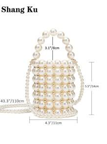 Handmade Beaded Woven Pearl Bucket Bag, Fashionable Shoulder And Handbag - Beige - View 3