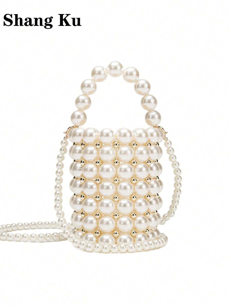 Handmade Beaded Woven Pearl Bucket Bag, Fashionable Shoulder And Handbag - Beige - View 1