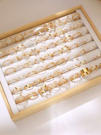 64-68 件时尚优雅简约精致心形、蝴蝶、花朵、叶子、滴油、几何、仿珍珠装饰金属宽带戒指套装，男女通用，节日、派对、日常佩戴（无盒）