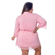 Sexy Plus Size Microfiber Robe With Satin Bow For Bride With Lace Details Half Sleeve - 乾枯玫瑰色 - 查看 2