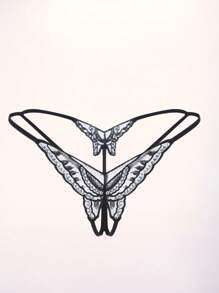 Plus Size Sexy Embroidered Open Crotch Thong Panties For Women, Sheer T-Back Underwear With Embroidery And Beaded Sequins, Luxurious Shiny Design, Bold Open Crotch Style, Lightweight Transparent Mesh Fabric, Seamless Invisible Fit For Daily Wear And Special Occasions - Black - View 4