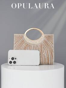 OpulAura 时尚闪亮水晶装饰女士晚装手拿包，奢华斑马纹礼服手提包，适合晚会、派对、生日派对、婚礼、礼物，派对包非常适合派对婚礼舞会晚宴/宴会搭配节日派对礼服晚礼服和亮片礼服，迷人的水钻包 - 金色 - 查看 4