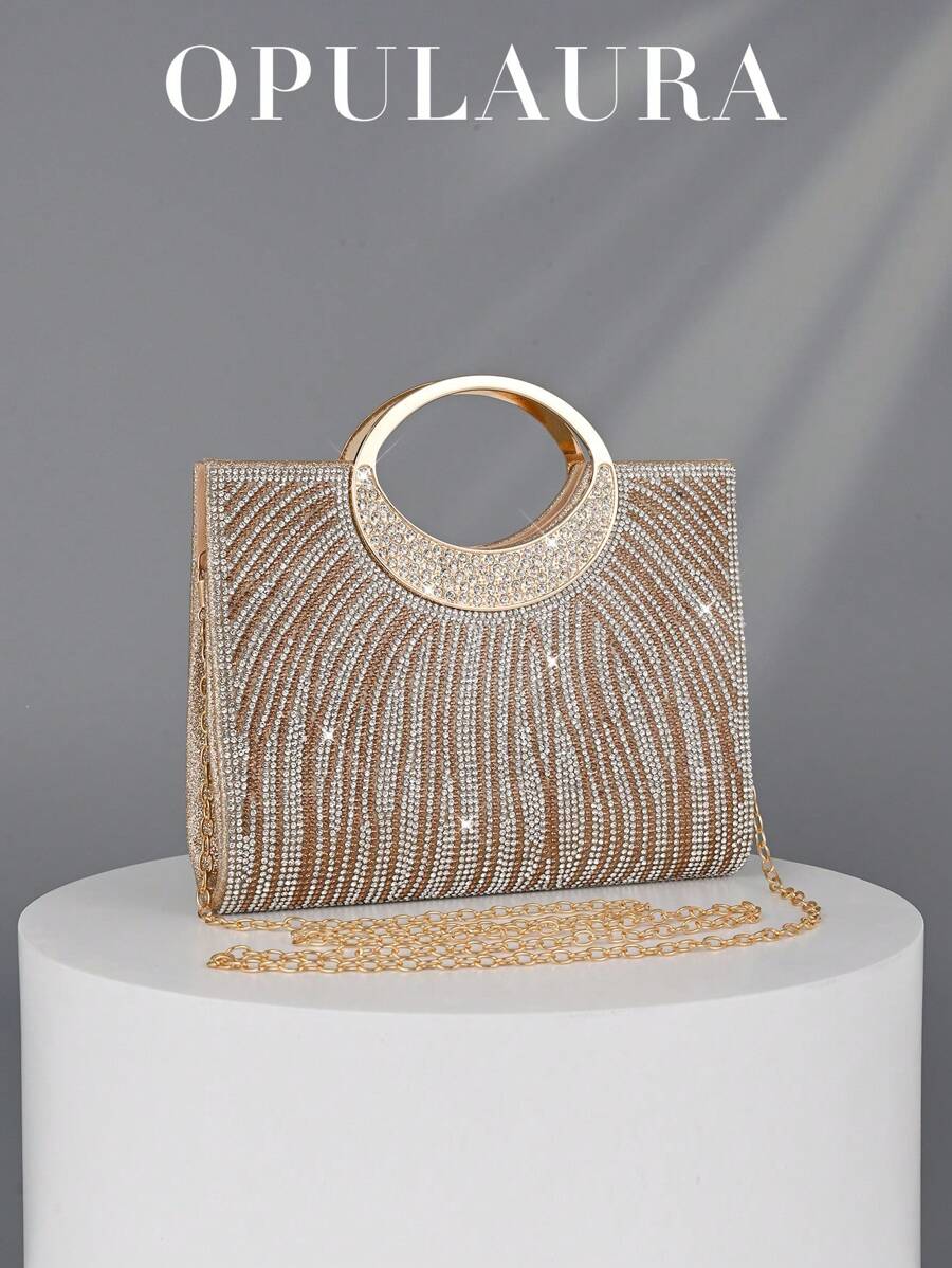 OpulAura 时尚闪亮水晶装饰女士晚装手拿包，奢华斑马纹礼服手提包，适合晚会、派对、生日派对、婚礼、礼物，派对包非常适合派对婚礼舞会晚宴/宴会搭配节日派对礼服晚礼服和亮片礼服，迷人的水钻包 - 金色 - 查看 1