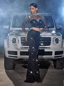 2pcs/Set Shiny Rhinestone & Pearl Sheer Party Crop Top And Long Sequin Slit Skirt Set, Party Dress