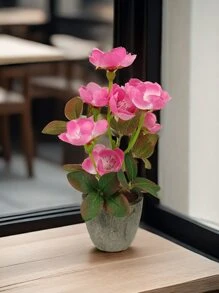 1pc/1set Artificial Flowers 17.5cm Tall Fake Plants Flocked Foam Cement Pot Mini Bonsai Decor Set, Suitable For Indoor Office Coffee Table Cabinet Desktop Decoration, Valentine Day, Gift Gifts Birthday Graduation