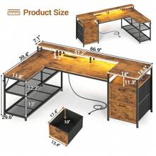 L Shaped Desk With 2 Drawers, Reversible Computer Desk With LED Lights And Power Outlet, Home Office Desk