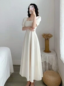 Vestido Elegante de Verano para Mujer de Unicolor, Vestidos Transpirables Cómodos Casuales de Verano para Mujer - Blanco - Ver 8