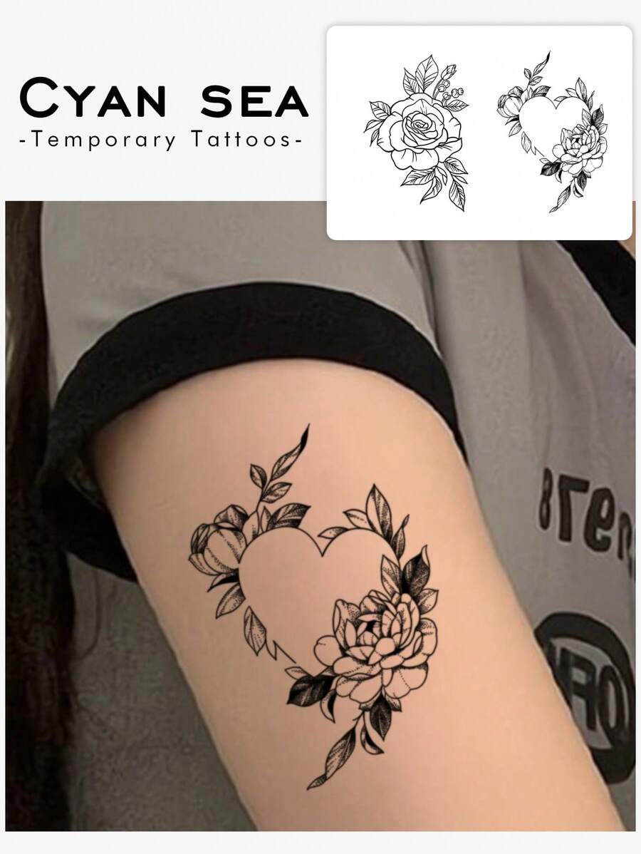 2sheets Flower & Heart Pattern Tattoo Sticker - Black - View 1