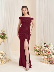 少女露肩鱼尾高开衩喇叭形下摆晚礼服——适合婚礼、庆典、选美活动、慈善舞会和豪华生日庆典的正式服装 - 酒紅色 - 查看 2