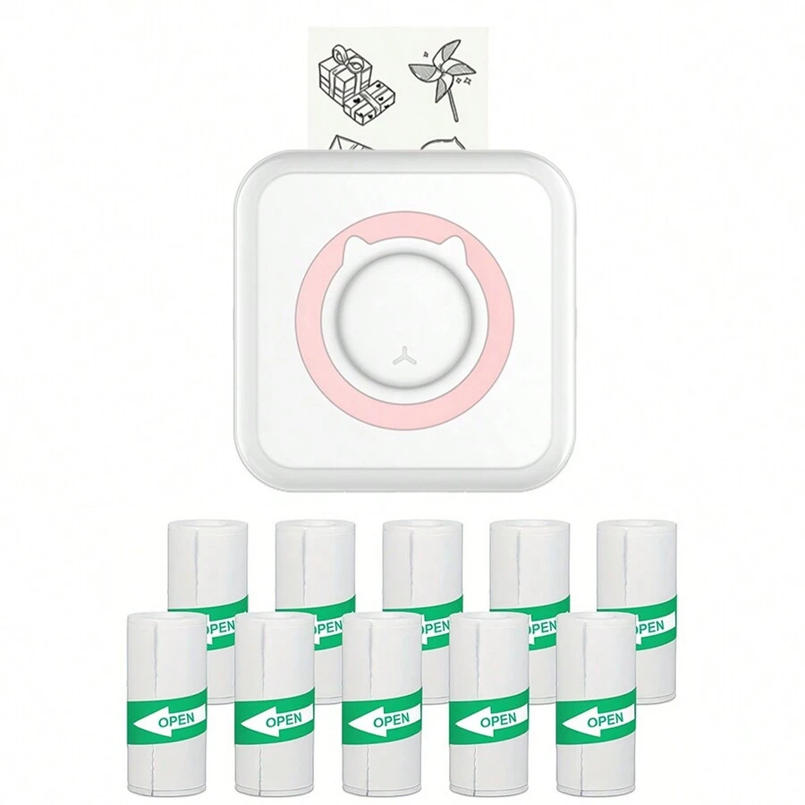 Mini Sticker Printer, Portable Printer For Phone, Mini Thermal Printer For Customized Sticker, Wireless Photo Printer For Phone, Pocket Label Printer For Memo Study Note  (10 Roll Paper : White Self-Adhesive Sticker) - Pink Printer With 10Rolls Sticker - View 1
