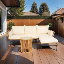 Juego de 3 piezas de muebles de mimbre para patios al aire libre, mesa y sillas con cojín de 3,15 pulgadas de grosor, sofá de mimbre natural amarillo + cojín crema