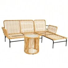 Juego de 3 piezas de muebles de mimbre para patios al aire libre, mesa y sillas con cojín de 3,15 pulgadas de grosor, sofá de mimbre natural amarillo + cojín crema