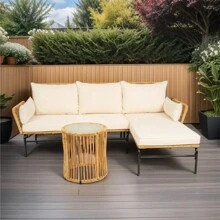 Juego de 3 piezas de muebles de mimbre para patios al aire libre, mesa y sillas con cojín de 3,15 pulgadas de grosor, sofá de mimbre natural amarillo + cojín crema