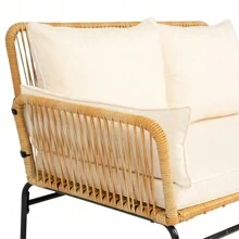 Juego de 3 piezas de muebles de mimbre para patios al aire libre, mesa y sillas con cojín de 3,15 pulgadas de grosor, sofá de mimbre natural amarillo + cojín crema