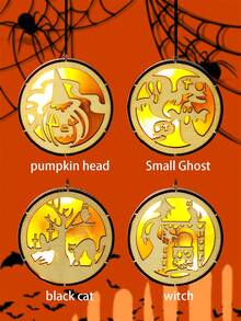 1 件万圣节圆形木质装饰灯，空心 LED 氛围灯（不含电池），万圣节装饰品，黑猫，南瓜，小鬼元素装饰品，窗户墙壁装饰 - 彩色 - 查看 8