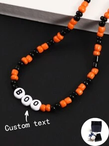 Collier personnalisé, collier de perles aux couleurs de citrouille thème Halloween, personnalisable avec des noms, phrases, dates, etc. Convient comme cadeau d'anniversaire, d'anniversaire de mariage, de la Saint-Valentin pour les parents, la petite amie/le petit ami, les amis
