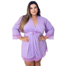 Sexy Plus Size Microfiber Robe With Satin Bow For Bride With Lace Details Half Sleeve - Lilac Purple - View 1