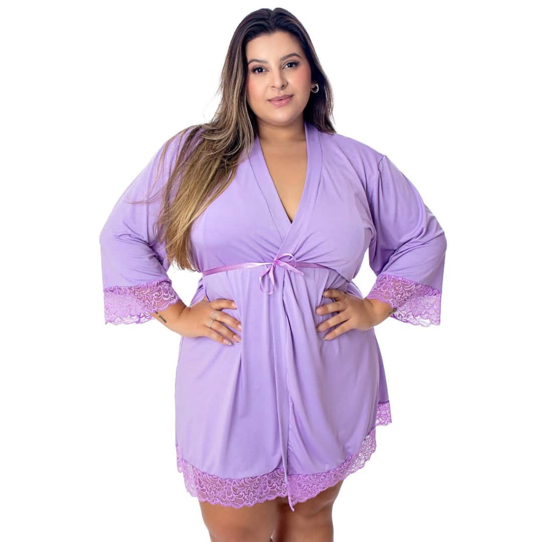 Sexy Plus Size Microfiber Robe With Satin Bow For Bride With Lace Details Half Sleeve - Lilac Purple - View 1
