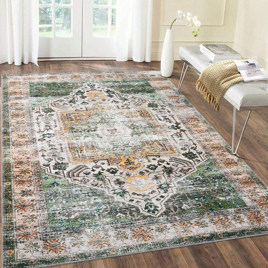 Living Room Area Rugs Indoor Vintage Boho Rug Bedroom Traditional Washable Rug Non Slip Distressed Floor Carpet For Dining Room Floral Print Retro Carpet Mat Throw Rug Hallway Runner Kitchen Floorcover Mat Entryway Mat For Laundry Bathroom, Taupe - 綠色 - 查看 1
