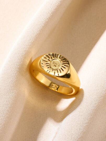 1 Pc Vintage Sun Ray Round Ring For Women Gold Color Stainless Steel Geometry Ring Birthday Party Jewelry Gift