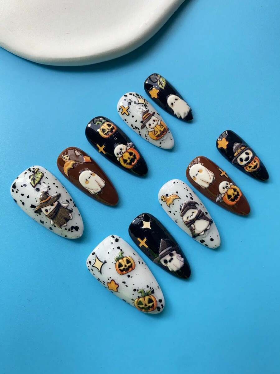 10 件高端手工万圣节南瓜骷髅指甲，女士万圣节假指甲，可拆卸和可重复使用假指甲 - 黑色 - 查看 1