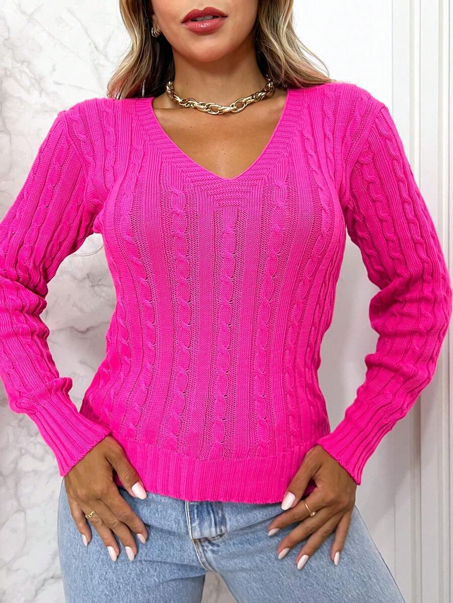 Knitting Line Blouse Long Sleeve V Neck Basic Braid - Rojo - Ver 1
