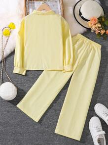 Left Mama 2pcs/Set Tween Girl Autumn New Collared Long Sleeve Shirt Top And Pants - Yellow - View 2