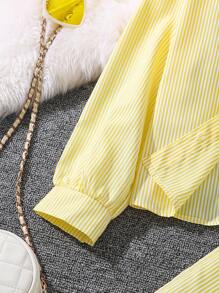 Left Mama 2pcs/Set Tween Girl Autumn New Collared Long Sleeve Shirt Top And Pants - Yellow - View 4