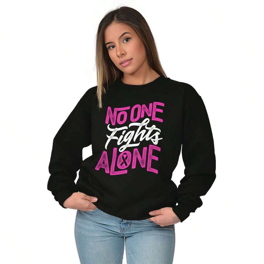 No One Fights Alone Breast Cancer Women Crewneck Sweatshirt - Black - View 1