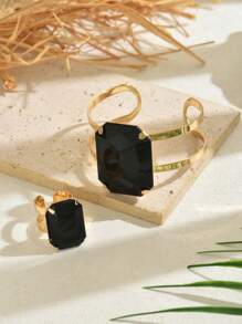 1 Set Vintage quadratischer Rubin Zweireihiger Edelstein Armreif und offener Ring Schmuckset, Modeschmuck Statement Set für Frauen