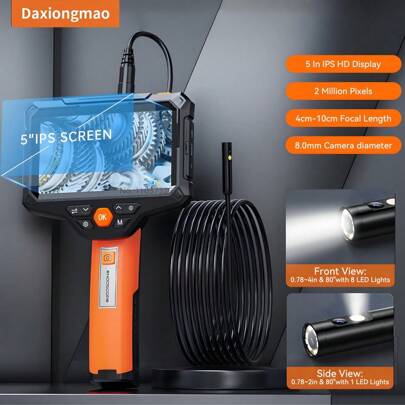 Daxiongmao Dual Lens Borescope Inspection Camera With Light 5'' IPS Screen Industrial Endoscope Waterproof For Pipe Car Sewer