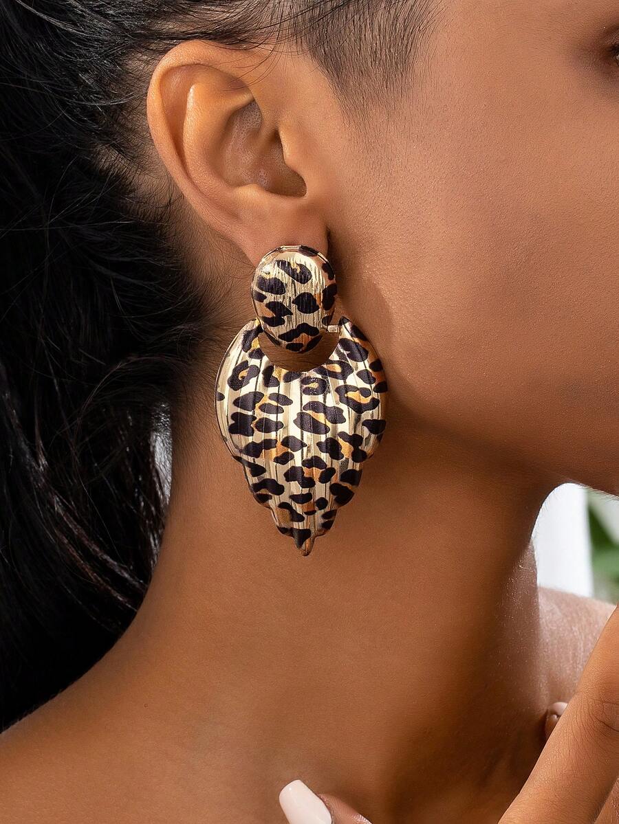 1 对几何大圆形水滴形耳环，适合女士，时尚潮流街头风格 - 豹紋款式 - 查看 1
