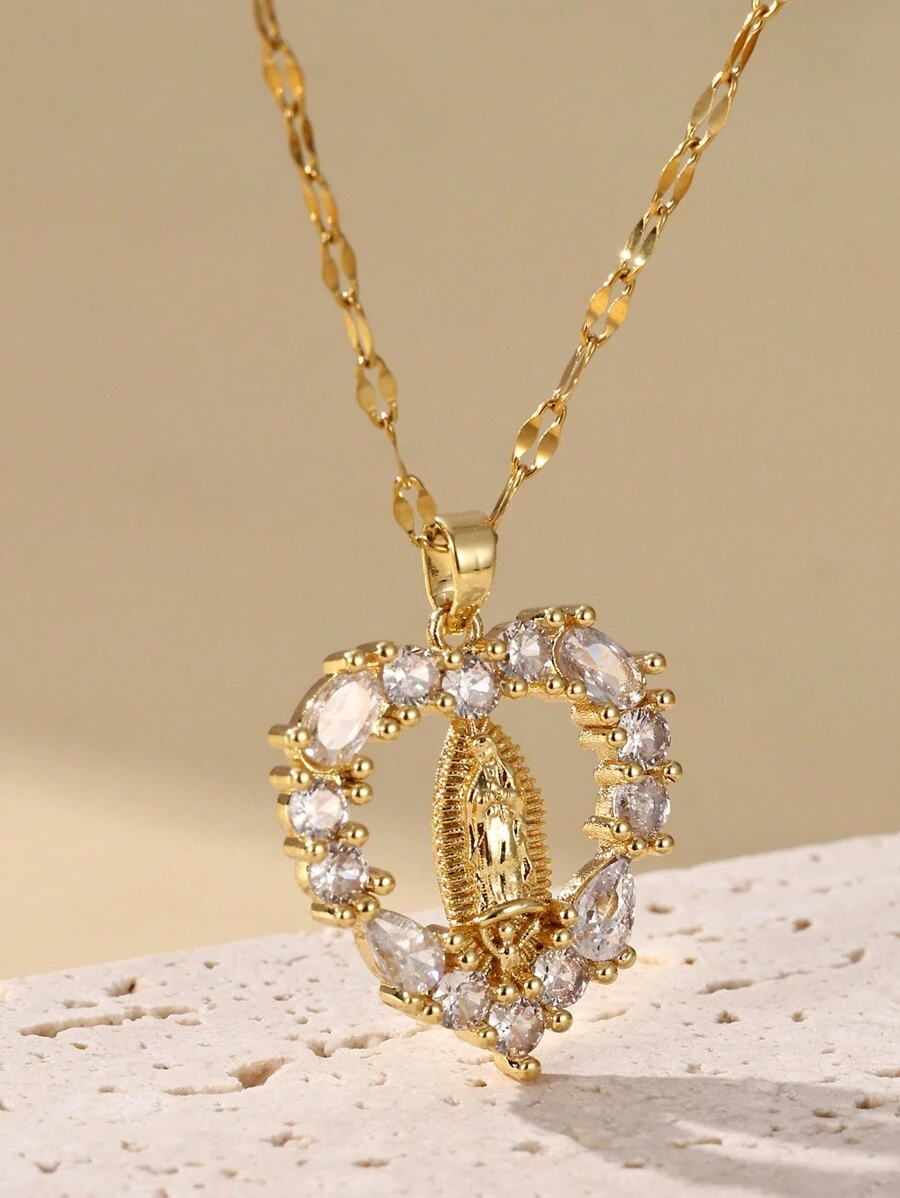 1pc Virgin Mary Heart Pendant Necklace,Retro Hollow Out New Design , For Women Female Wedding Catholic Jewelry Valentines,Mom,Mother,Mother's Day,Gift - Gold - View 1