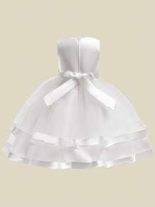 Vestido de niña de unicolor con falda de satén y malla con lazo, sin mangas y esponjoso. Elegante y lujoso, adecuado para asistir a banquetes y fiestas. No incluye diadema. - Blanco - Ver 2