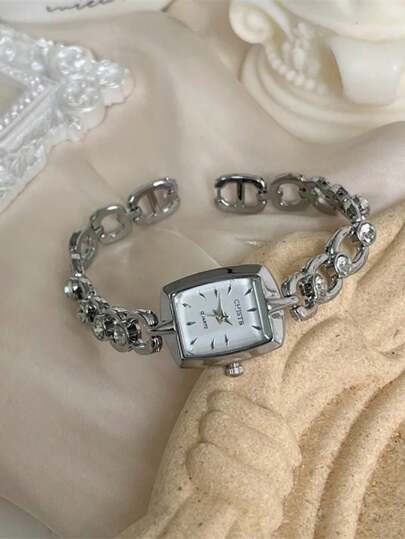 1pc Minimalist Small Square Dial Chain Watch, Appearance High School/College Girls, Vintage Aesthetic Quartz Horloge (Slight Difference May Occur Compared To Photos Due Lighting Angle During Photography) view 3