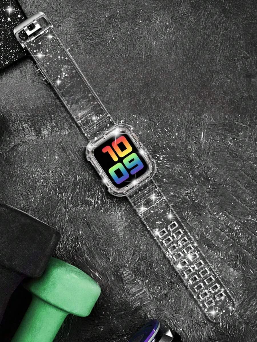 Banda de cristal brillante con carcasa protectora compatible con Apple Watch de 38/40/41/42/44/45/46mm, correa deportiva de repuesto de gel protectora compatible con Apple Watch, compatible con iWatch 11/10/9/8/7/6/5/4/3/2/1/SE para mujeres y hombres