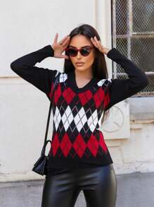 Women's Blouse Scottish Plaid Knitting Sweater V-Neck Tricot - 黑與白 - 查看 3