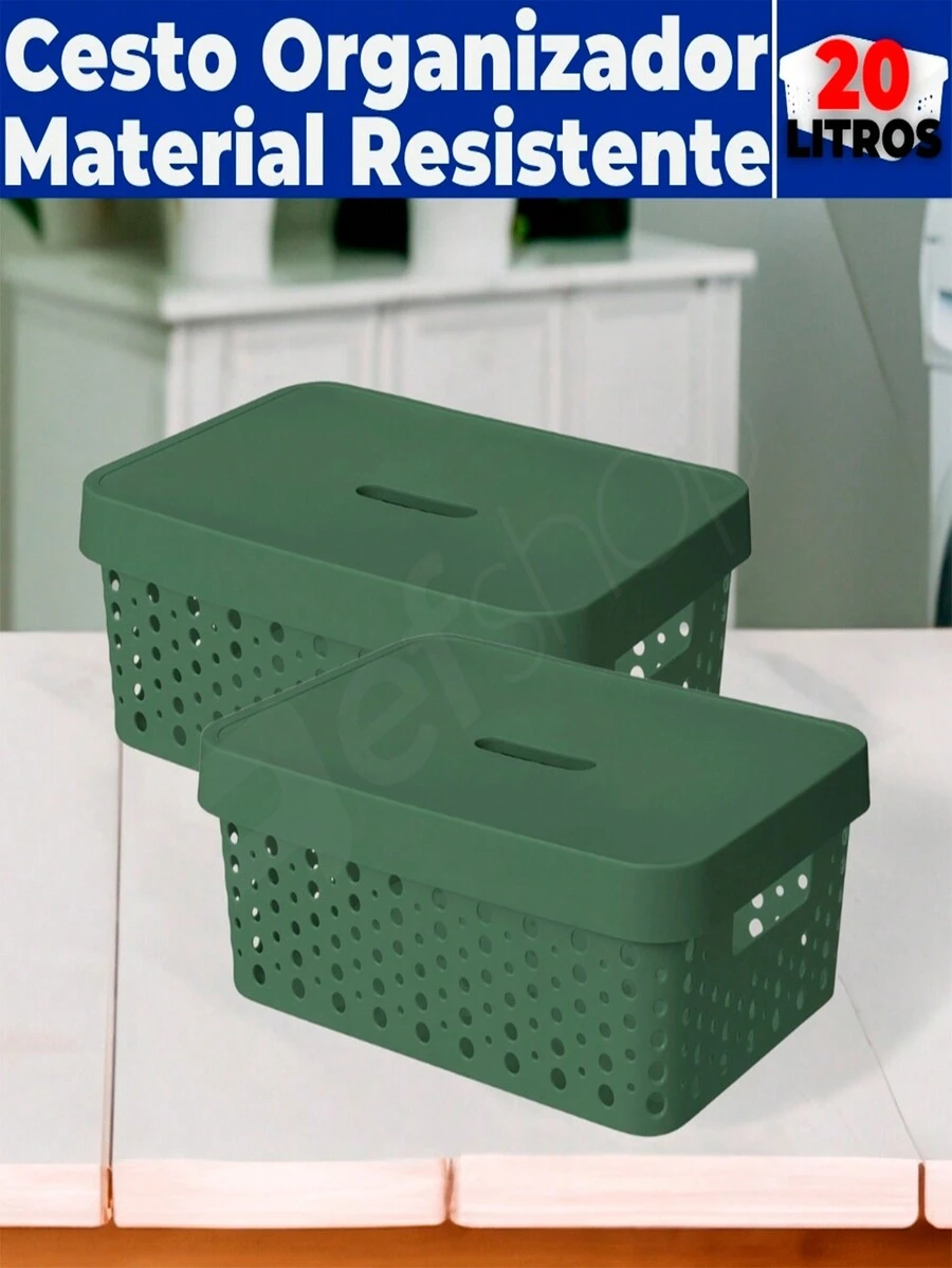 Kit 2 Boxes Organizer Baskets With Lid Large Laundry Drawer Cabinet 20 Liters (46X34) - 綠色 - 查看 1