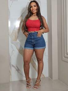 Traditional Women's Jeans Shorts With Buckle Belt - Rửa tối - Xem 3
