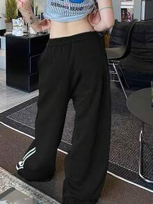 Pantalones rectos de chándal con cordón, estilo suelto y a rayas de Y2K, con eslogan negro, para mujer - Negro - Ver 4