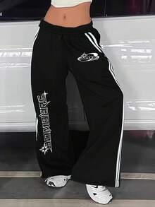 Pantalones rectos de chándal con cordón, estilo suelto y a rayas de Y2K, con eslogan negro, para mujer - Negro - Ver 3